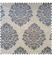 Navy blue cream color traditional damask designs texture finished surface swirls horizontal lines polyester main curtain